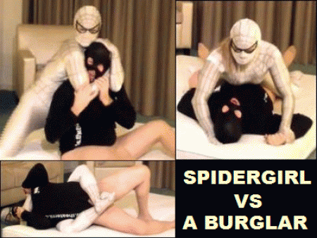 Spidergirl Vs A Burglar - Spidergirl returns home after a night out and finds a burglar in her bedroom. A big surprise for the burglar! She overpowers him and gives him a good beating. He gets a hard kick to his balls and punches to his body and face. She wrestles him and pins him to the floor and makes him remove his trousers. Suddenly he is a small, weak guy in pantyhose. Spidergirl can do whatever she likes with him, he doesn't stand a chance against her power....

hd mp4 - 1280x720p