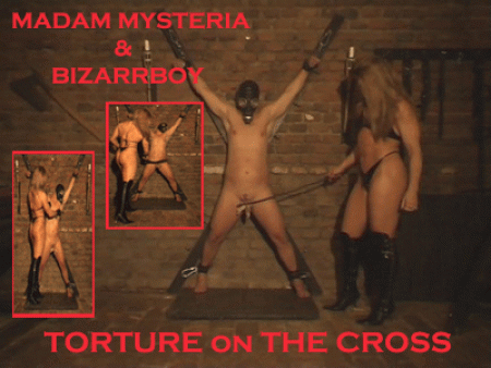 On The Cross - Madam mysteria tied bizarrboy to the cross...He is totally helpless under her control!She tortures his nipples,spanks his cock and balls with her flogger,uses him as boxing bag...She throws some very hard punches to his belly and stomach!