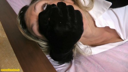 Encasement Smother - Eleonore is in her bedroom. She just came back from work and she is very tired.
A bad surprise for her. A woman totally dressed in black with a stocking mask, breaks into her apartment. She uses her black satin gloves to keep quiet and handsmother Eleonore.
A lot of hand over mouth smother actions until the end of clip.